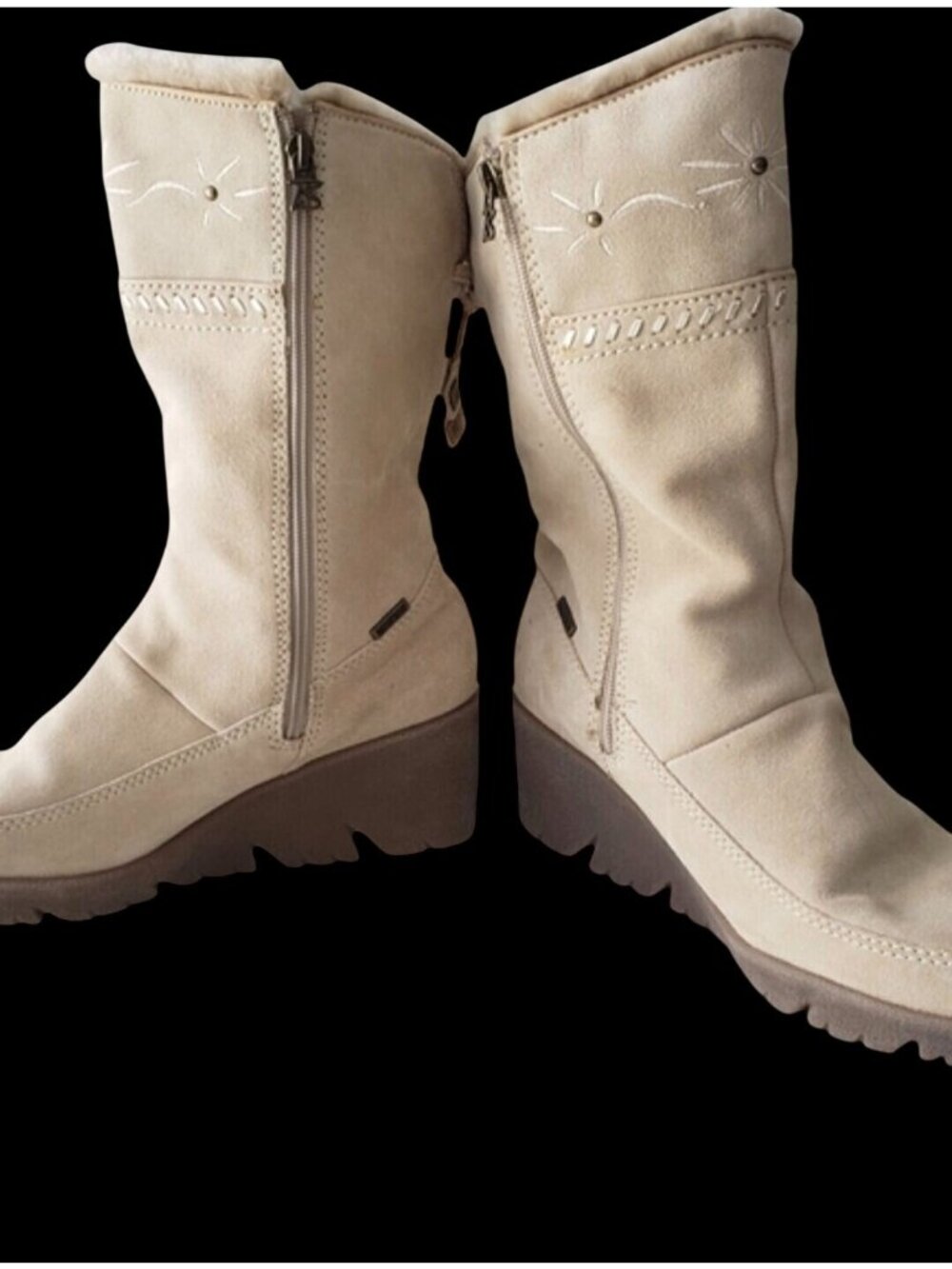 Beige Suede Waterproof Mid-Calf Boots With Embroidered Boho  Detail & Fur Lining